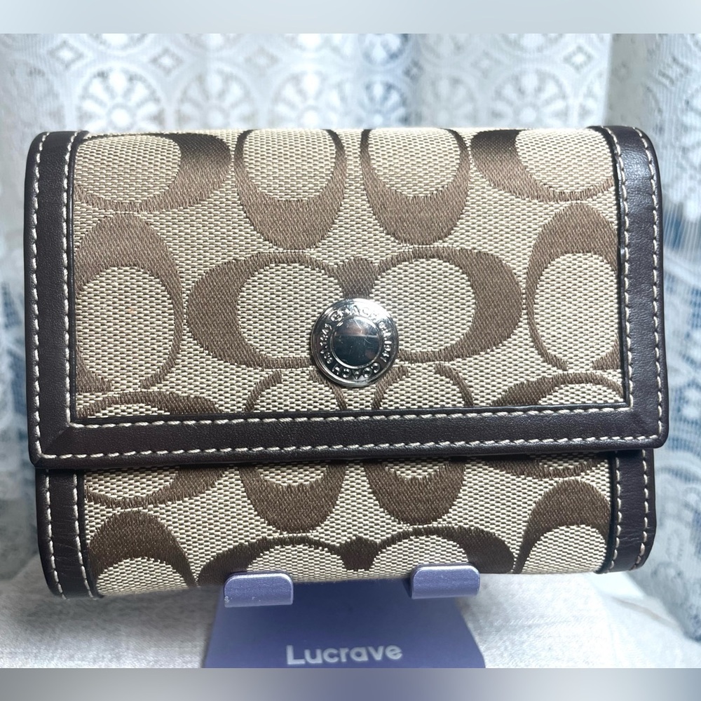 Coach Y2k Signature Canvas & Leather Trifold Wallet. 4 in H x 5 in L